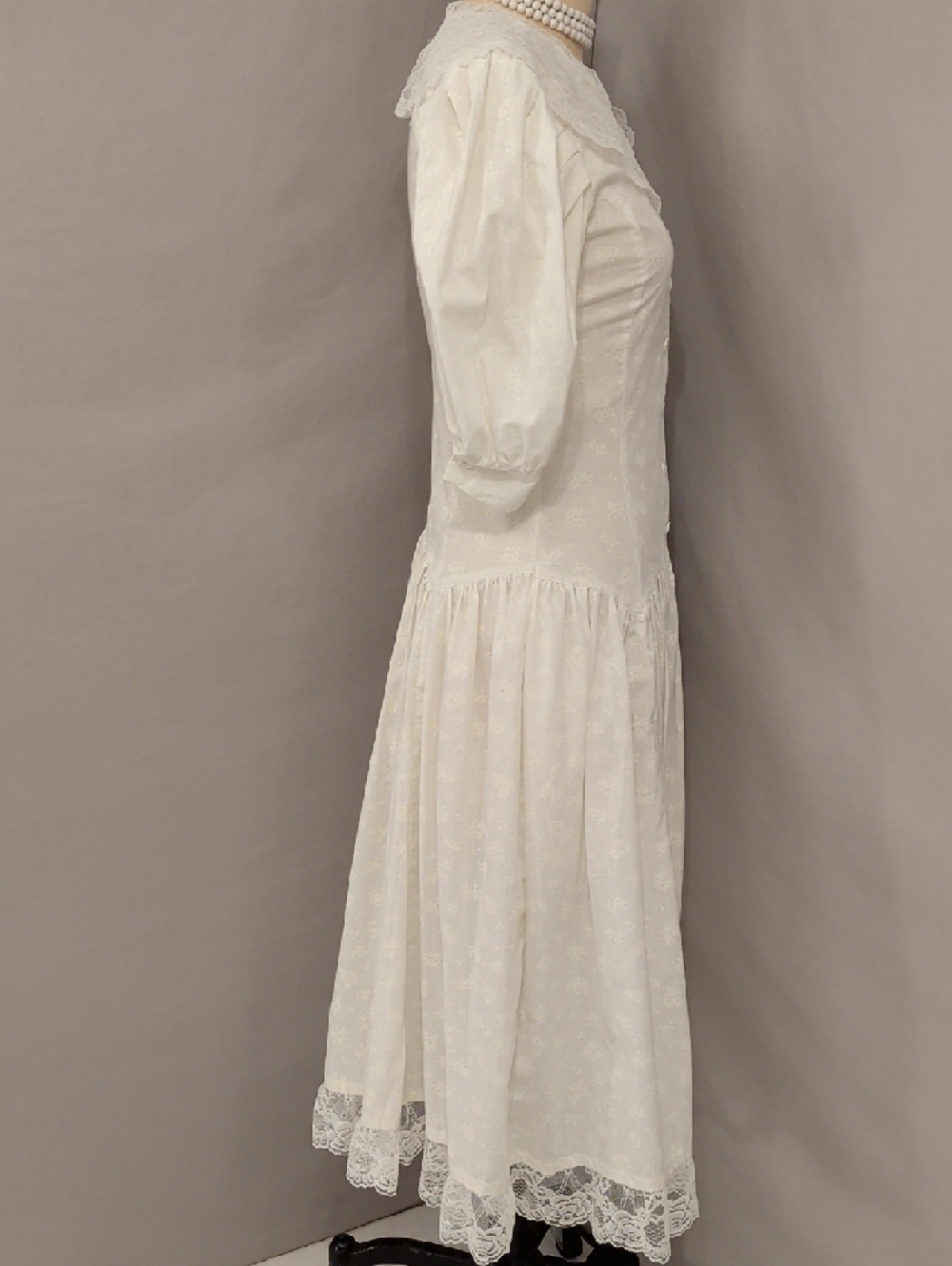 Vintage Classic White Lace Trim Midi Dress Feminine Drop Waist & Puff Sleeves - Picture 4 of 13